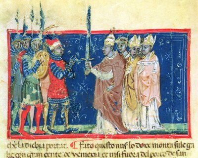 Codex Correr I 383 O Papa Alexandre III (1105-81) apresenta a espada ao Doge Sebastiano Ziani (velino) de School Venetian
