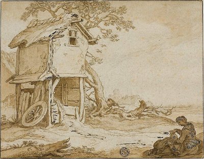 Paisagem com Barnstable, mulher sentada e criança de School of Abraham Bloemaert
