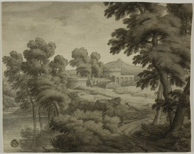 Paisagem italianizada com castelo, árvores e água em primeiro plano de School of Nicolas Poussin