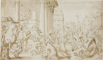 Massacre dos Inocentes (anverso); Esboços de figuras (verso) de School of Nicolas Poussin
