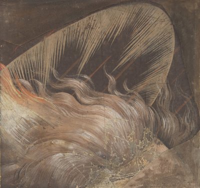 Cabeça de um apóstolo cercado por uma língua de fogo e um Nimbus: Fragment..., 1500-50. de School of Raphael.