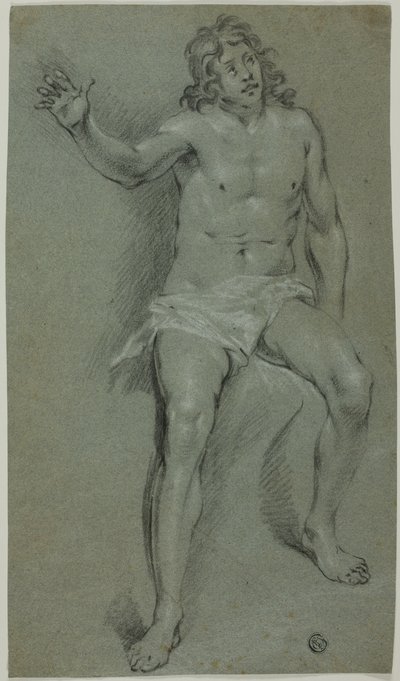 Nu masculino sentado (frente); esboços de mão e cabeça de rapaz (verso) de School of Rembrandt van Rijn