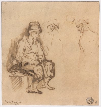 Mulher sentada no banco e três esboços de cabeças de School of Rembrandt van Rijn