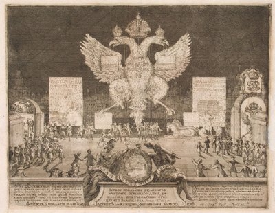 Fogos de artifício em Moscou, em 1 de janeiro de 1704, por ocasião da captura da fortaleza sueca Nyenskans, 1705 de Schoonebeek
