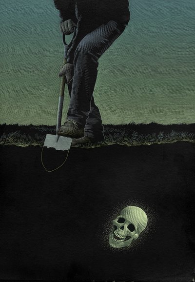 A Skull in Connemara, 2001 (scratchboard, colorido digitalmente) de Scott McKowen