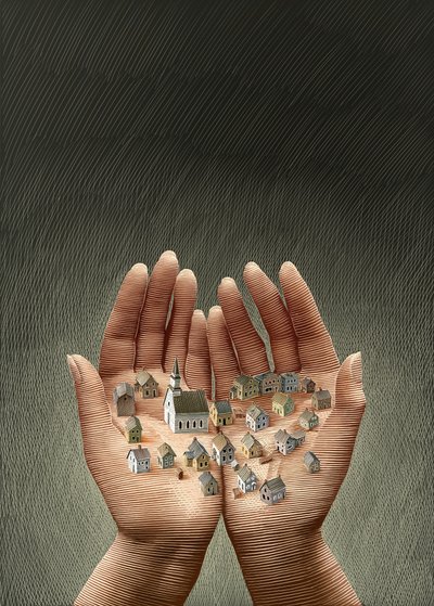 A nossa cidade, 2013 (scratchboard, colorido digitalmente) de Scott McKowen
