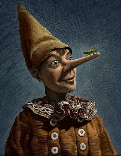 Pinóquio, 2013 (scratchboard, colorido digitalmente) de Scott McKowen