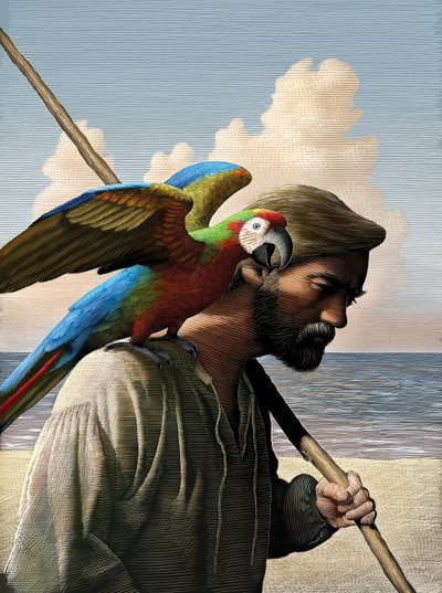 Robinson Crusoé, 2011 (scratchboard, colorido digitalmente) de Scott McKowen