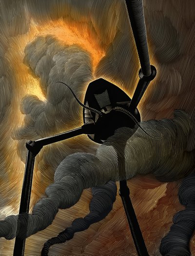 A Guerra dos Mundos, 2014 (scratchboard, colorido digitalmente) de Scott McKowen