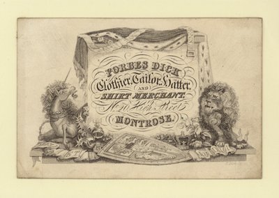 Anúncio para Forbes Dick, coador; alfaiate, chapeleiro e comerciante de camisas, Montrose, Forfarshire, Escócia (gravura) de Scottish School