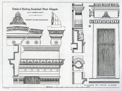 Detalhes arquitetônicos de câmaras gregas, 336-356 Sauchiehall Street, Glasgow, projetado por Alexander Greek Thomson, 1869 de Scottish School