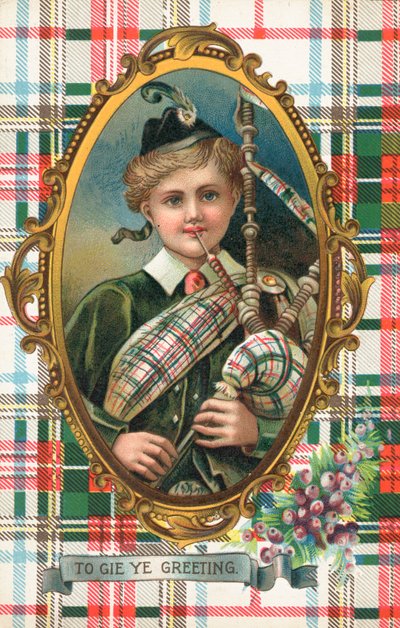 Cartão de Ano Novo britânico (litografia a cores) de Scottish School