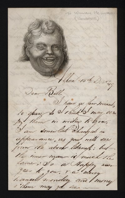 Carta escrita em papel para escrever com o rosto de um homem que ri (gravura) de Scottish School