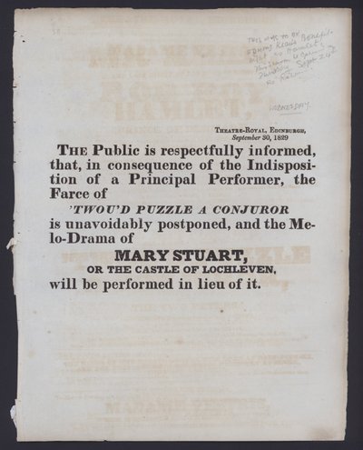 Aviso de uma mudança na apresentação facturada no Theatre Royal, Edimburgo, 30 de Setembro de 1829 (litho) de Scottish School