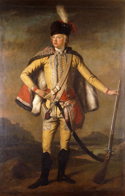 Retrato de John Lindsay, 20º Conde de Crawford e Lindsay, de corpo inteiro, em uniforme hussariano, segurando um mosquete de pederneira, uma paisagem além, c.1745 de Scottish School