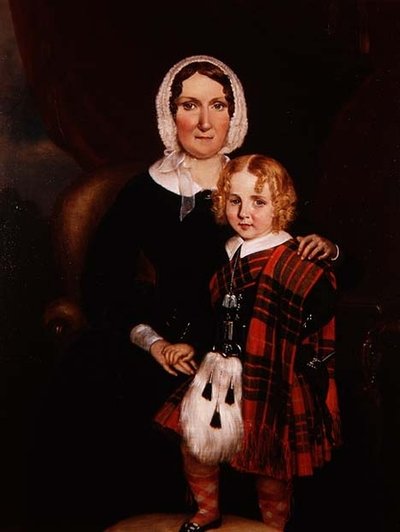 Retrato de uma mulher escocesa com seu filho jovem em Highland Dress, c.1860 (óleo sobre tela) de Scottish School