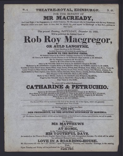 Programa de teatro para o Theatre Royal, Edimburgo de Scottish School