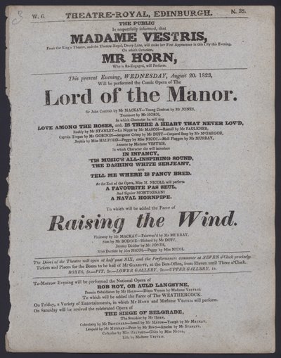 Programa de teatro para o Teatro Royal, Edimburgo, 20 de Agosto de 1823 (litho) de Scottish School