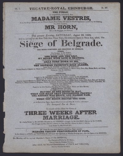 Programa de teatro para o Theatre Royal, Edimburgo, 23 de Agosto de 1823 (litho) de Scottish School