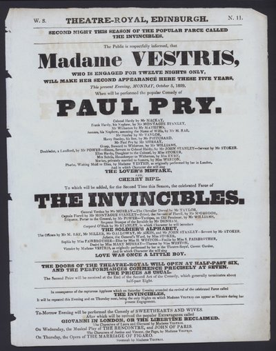 Programa de teatro para o Theatre Royal, Edimburgo, 5 de Outubro de 1829 (litho) de Scottish School