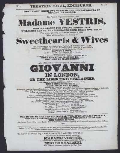 Programa de teatro para o Theatre Royal, Edimburgo, 6 de Outubro de 1829 (litho) de Scottish School