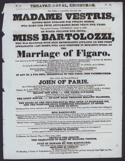 Programa de teatro para o Theatre Royal, Edimburgo, 8 de Outubro de 1829 (litho) de Scottish School