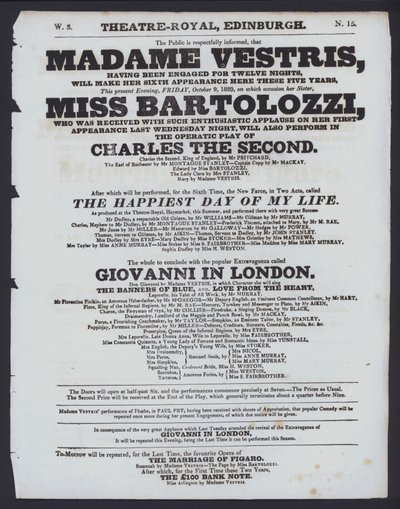 Programa de teatro para o Theatre Royal, Edimburgo, 9 de Outubro de 1829 (litho) de Scottish School
