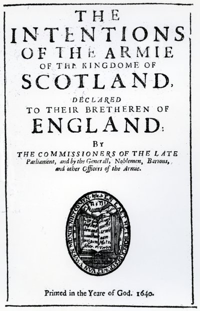 Página de título de "As intenções do exército de Kingdome da Escócia", de Alexander Henderson, publicado em 1640 (impresso) de Scottish School