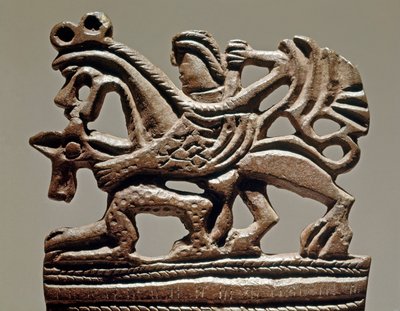 Arte Scythian (civilização Scythian ou Scythian): Apolo sobre um grifo - Século IV a.C. - Adorno de tanque de bronze - Museu de l