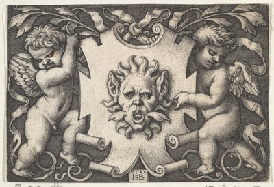 Uma máscara em um escudo apoiado por dois gênios, 1544. de Sebald Beham