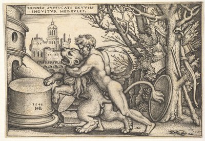 Hércules, de perfil, matando o leão da Nemeia com o braço em volta do pescoço, de 