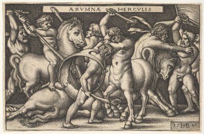 Hércules com seu clube no centro lutando contra um centauro, outros homens lutando contra centauros à esquerda..., 1542. de Sebald Beham