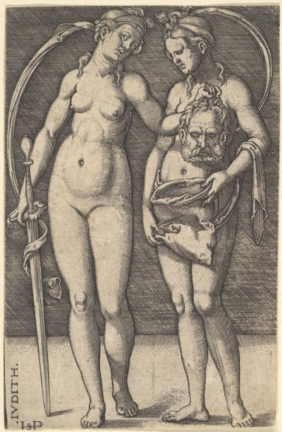 Judite de pé à direita e segurando a cabeça de Holofernes na mão direita e um..., ca. 1520-30. de Sebald Beham