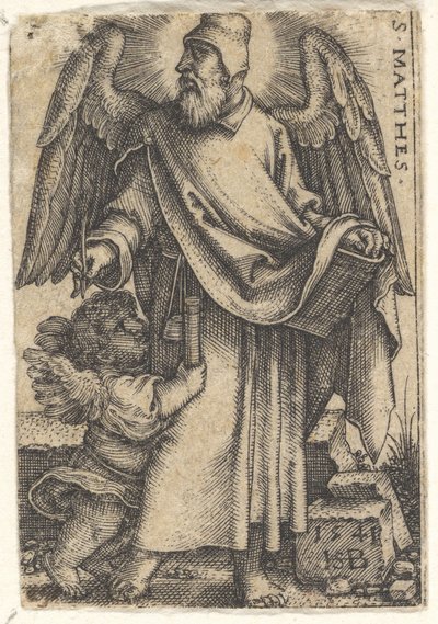 Placa 1: São Mateus com a cabeça virada de perfil para a esquerda, um querubim no canto inferior esquerdo..., 1541. de Sebald Beham