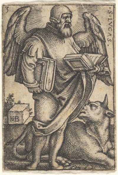 Placa 3: São Lucas com a cabeça virada de perfil para a direita, um livro em cada mão, um b..., 1541. de Sebald Beham
