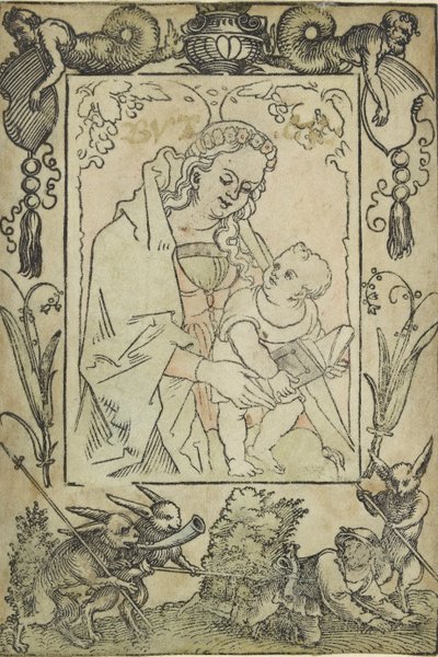A Virgem com o Menino rodeado por uma fronteira com um caçador e alguns coelhos, séc. de Sebald Beham