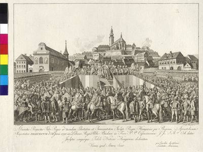 Coroação do imperador Francisco II ao rei da Hungria em Budapeste, em 6 de junho de 1792 (gravura em cobre) de Sebastian Mansfeld
