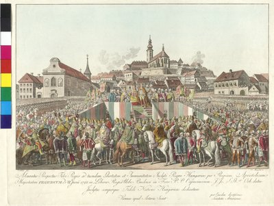 Coroação do imperador Francisco II ao rei da Hungria em Budapeste, em 6 de junho de 1792 (gravura em cobre) de Sebastian Mansfeld