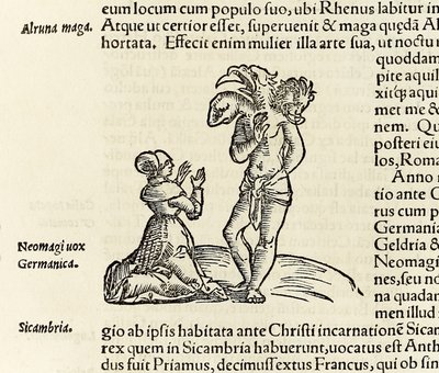 Uma bruxa convoca um demónio de três cabeças, da edição de 1550 da 
