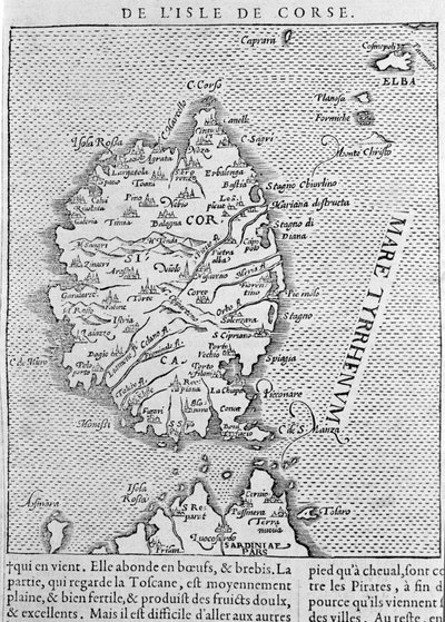 Córsega após a "Cosmographia Universalis" de Sebastian Munster. Basiléia 1558 de Sebastian Munster