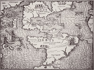 Mapa da América mostrando os oceanos Atlântico e Pacífico de Sebastian Munster