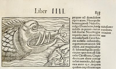 Baleia monstruosa devorando humanos, da edição de 1550 de 