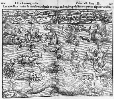 Monstros marinhos e terrestres, ilustração da Cosmographia Universalis, de Sebastian Munster (1489-1552) de Sebastian Munster