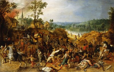 Uma paisagem com saqueadores atacando um trem de carroça e saqueando uma vila, de Sebastian Vrancx