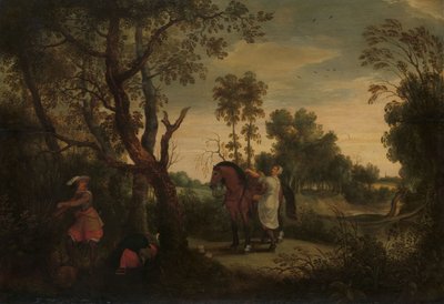 Uma mulher monta o cavalo do seu ladrão: "De Gestrafte Rover", c.1635 (óleo sobre painel) de Sebastian Vrancx