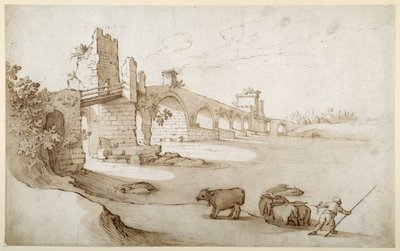 Um boiadeiro que convida uma equipa de novilhos a nadar o Tibre na Ponte Milvio Crossing (caneta e tinta castanha com lavagem castanha no papel) de Sebastian Vrancx