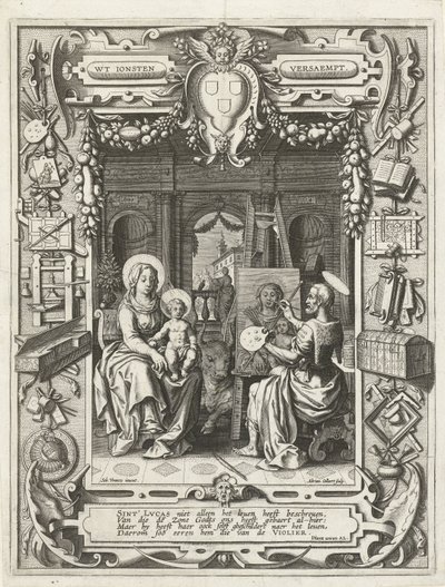 Brasão de armas da Guilda de São Lucas com pintura de São Lucas Madonna and Child, 1620-21 de Sebastian Vrancx