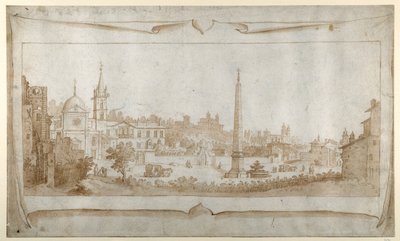 Desenho para um frontispício com vista para Roma dentro da Porta del Popolo e vista para o Pincio (caneta e tinta com lavagem sobre papel) de Sebastian Vrancx