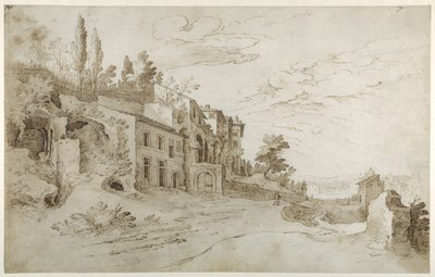 Casas entre as ruínas com uma vista distante de Roma (caneta e tinta com lavagem sobre papel) de Sebastian Vrancx
