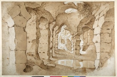 Dentro das ruínas do Coliseu (caneta e tinta marrom com lavagem marrom sobre papel branco) de Sebastian Vrancx